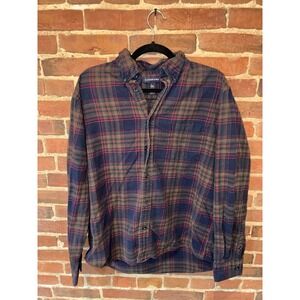 Lands End Men's Flannel L 16-16.5 Blue Green Red Plaid Cotton